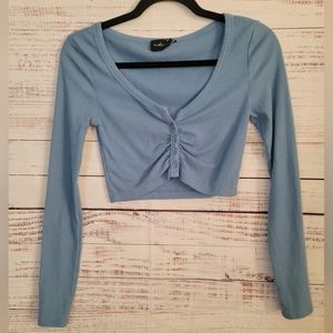 Out From Under Blue Ribbed Cropped button Sweater